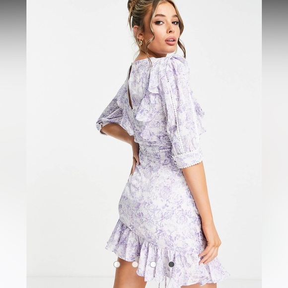 ASOS Dark Pink UK Ruched Floral Mini Dress Frill Purple Flower Print NWT US 14 - Picture 2 of 8